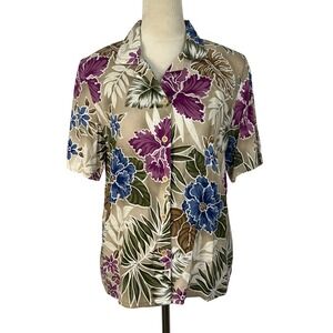 Vintage Alfred Dunner Floral‎ Print Button Up Short Sleeve Top Women Petite 10